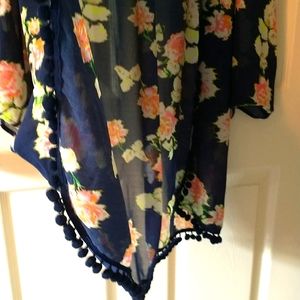 Excellent condition, cardigan/coverup, pompom trim, XL, Navy/floral